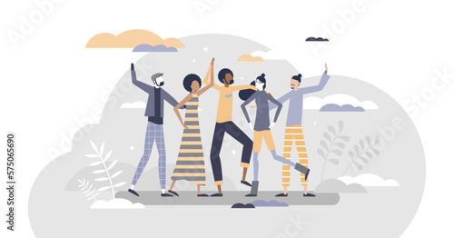 Friends as social community group with happy togetherness scene tiny person concept, transparent background. Cheerful and happy multiracial and multicultural diversity crowd.