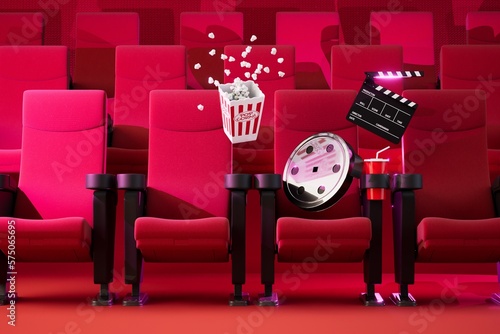 the concept of going to the cinema. soft red chairs  videotape  popcorn and soda. 3D render