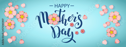 Horizontal banner with text message With Happy Mother's day and cherry flowers