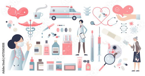 Medicine themed elements set and healthcare items group tiny person concept, transparent background. Hospital and ambulance equipment assets collection illustration. Isolated doctor and patient.