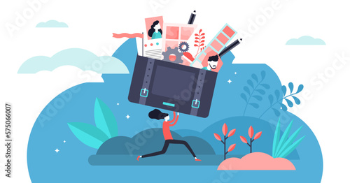 Portfolio illustration, transparent background. Flat tiny job preview folder presentation persons concept. Briefcase with work gallery and file collection.