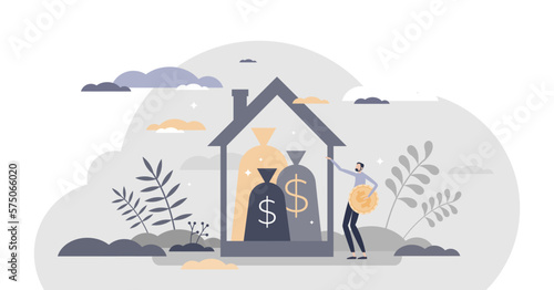 Property tax or financial real estate debt as business loan tiny person concept, transparent background. Home mortgage financial pressure with money payment obligation to bank illustration.