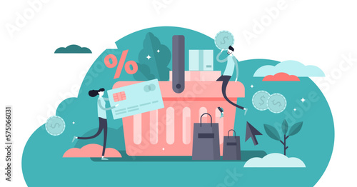 Fototapeta Naklejka Na Ścianę i Meble -  Purchase illustration, transparent background. Flat tiny customer buy products persons concept. Percentage promotion symbol in online store. Consumer transaction for deal order. Checkout with payment.