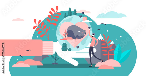 Save the wildlife illustration, transparent background. Flat tiny animal care person concept. Ecological extinction prevention and nature protection. Endangered fauna species support and love.