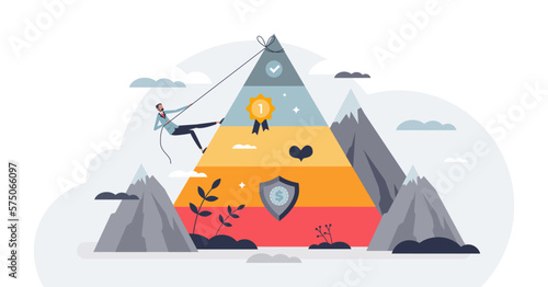 Self actualization as top layer from Maslow pyramid tiny person concept, transparent background. Personal desire for psychological happiness.