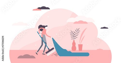 Under the rug illustration, transparent background. Problem postpone flat tiny persons concept. Delay trouble solution or secret hiding in abstract allegory and metaphoric scene.