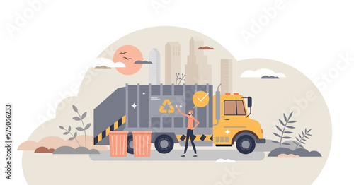 Waste management, garbage recycling with disposal truck tiny person concept, transparent background. Professional trash handling with environmental segregation and sustainable daily collection.