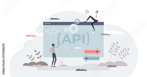API as application programming interface and software integration tool tiny person concept, transparent background. Coding method and connection between computers tool.