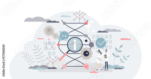 Bioinformatics as biological data or bioengineering study tiny person concept, transparent background. Molecular biology and genetics information research illustration. Mix of computer science.