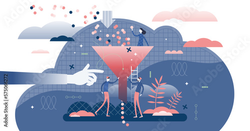 Bottleneck business management problem concept, flat tiny persons illustration, transparent background. Stylized abstract funnel graphic with symbolic data filtering process.