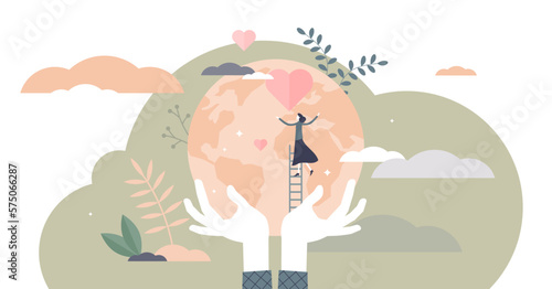 Caring for earth illustration, transparent background. Nature protection flat tiny persons concept. Help ecosystem with sustainable renewable resource reusing and green zero waste thinking.
