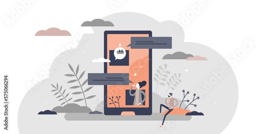 Chatbot virtual online conversation with AI assistant tiny persons concept, transparent background.Chat message assistant for automated artificial intelligence instant answer illustration.