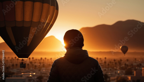Silhouette of a person with balloons above the city on a sunset. Generative AI
