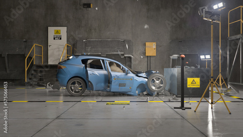 3D animation of eco-friendly electric vehicle experimental crash test in a laboratory. Simulation of traffic accident. Testing new generation car for checking and changing the safety parameters. photo