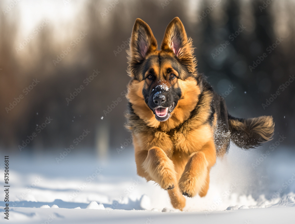 German shepherd dog running in a snowy park in winter. German shepherd dog running in a snowy park in winter.