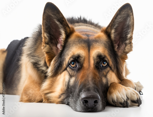 Portrait of a German Shepherd dog crouching on the floor in the studio in a white background. Close-up.