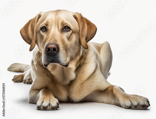portrait Labrador dog crouching on the ground at a studio in white background, close-up.