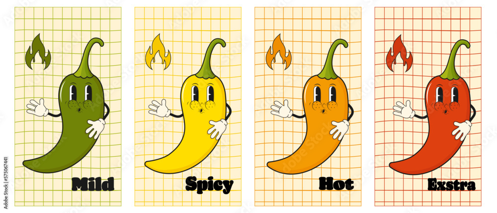 Naklejka premium Set of groovy hot chili peppers poster. Hot spicy level labels.Extra, spicy, hot and mild strength in trendy 70s. 60s style.Vector
