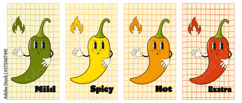 Set of groovy hot chili peppers poster. Hot spicy level labels.Extra  spicy  hot and mild strength in trendy 70s. 60s style.Vector