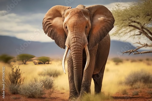 African elephant in the savannah. Generative AI. photo