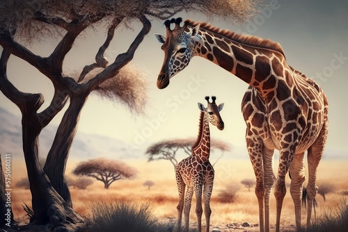 Giraffe with her calf in the African savannah. Generative AI. photo