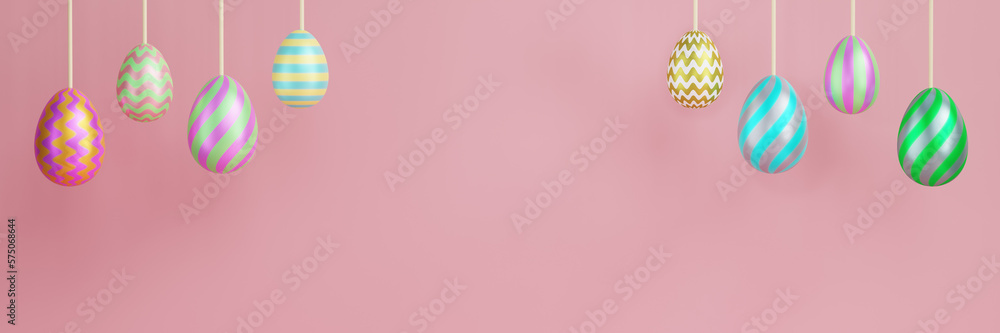 Easter multi-colored eggs hang from threads on a pink background. Banner 3D rendering Easter multi-colored eggs hang from threads on a pink background. Banner 3D rendering