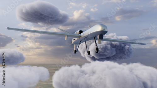 3D animation of military remotely-piloted drone flight. Combat drone launches missiles to hit military targets. Cloudy sky on background. Concept of using modern UAV technology for military battles.