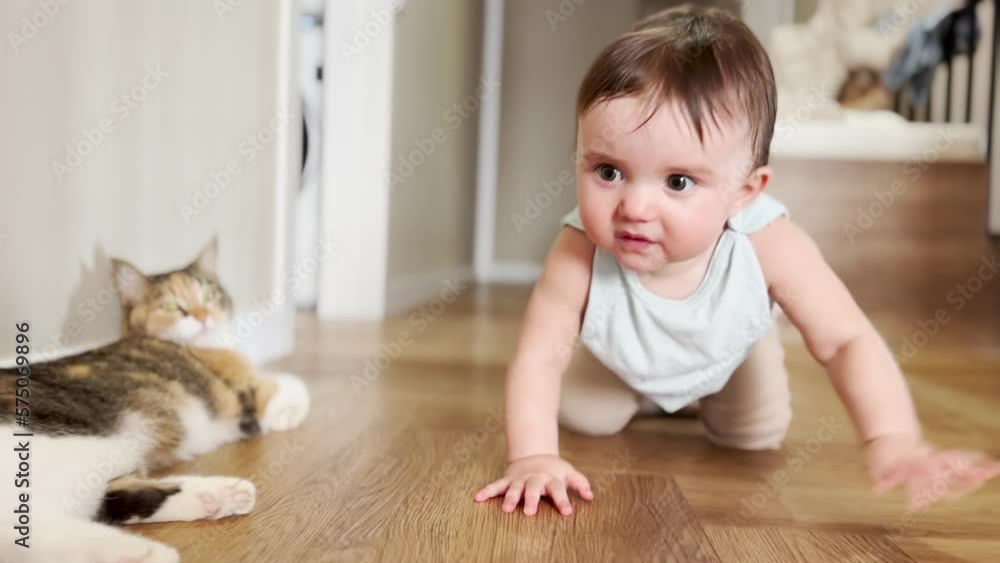 Baby learns to crawl. newborn baby crawling on the floor indoors. kindergarten happy childhood family concept. baby crawling on floor smiling playing. newborn playing video motion lifestyle Baby learns to crawl. newborn baby crawling on the floor indoors. kindergarten happy childhood family concept. baby crawling on floor smiling playing. newborn playing video motion lifestyle