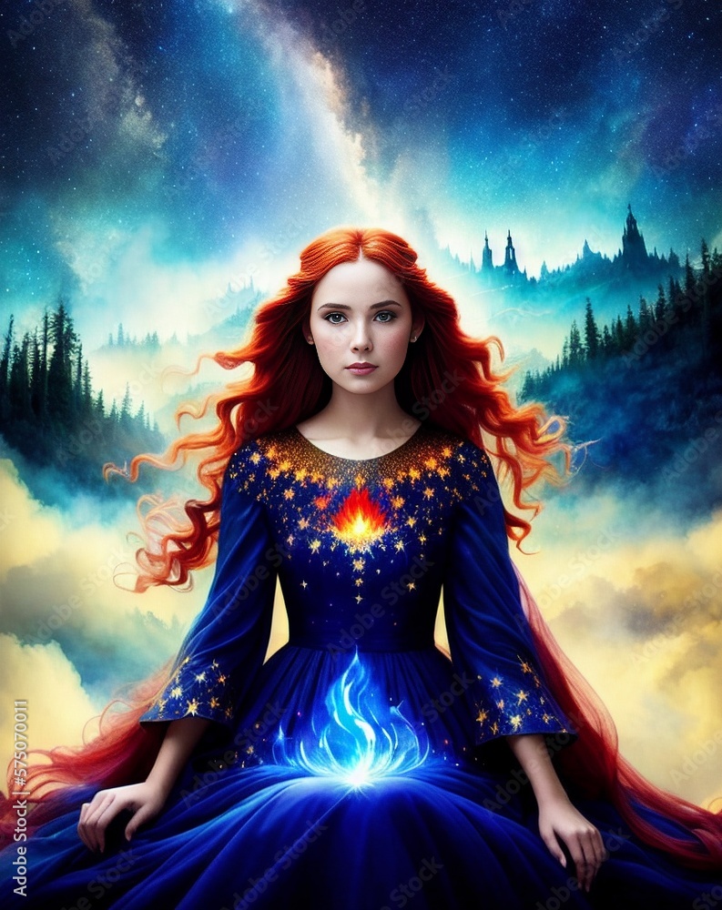 fantasy art of a woman with ginger hair standing against a foggy backdrop with trees and tall mountain ranges created with Generative AI fantasy art of a woman with ginger hair standing against a foggy backdrop with trees and tall mountain ranges created with Generative AI