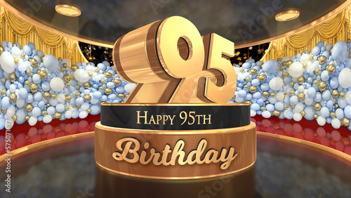 95th Birthday backdrop, poster, flyer 3d render illustration in gold with balloons and fireworks background photo