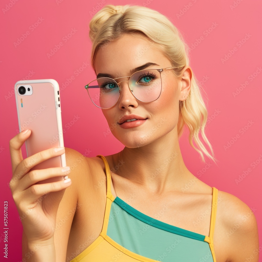Beautiful woman portrait on pink background, Generative AI