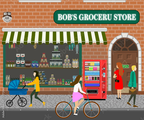 City street with shop, showcase, people and drinks machine. Brick wall. Masonry. Canopy.
