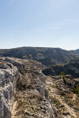 Panorama of Matera  a UNESCO World Heritage Site. European Capital of Culture. View from the Murgia Park. Timeless walk inside Paleolithic caves. City similar to Jerusalem. Unforgettable journey