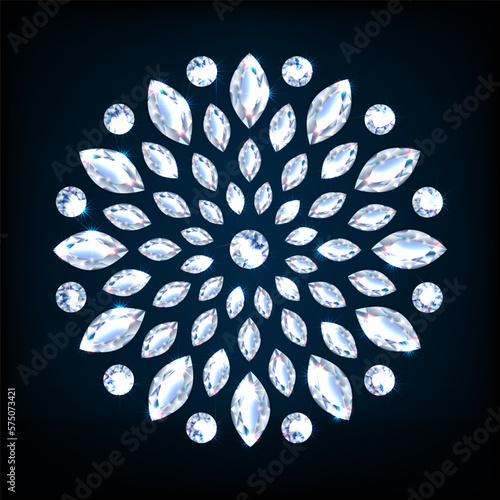  Circle frame from realistic diamond gemstones on black background. Jewelry design elements with shiny diamonds. Banner, poster, gift card, invitation template. Vector.