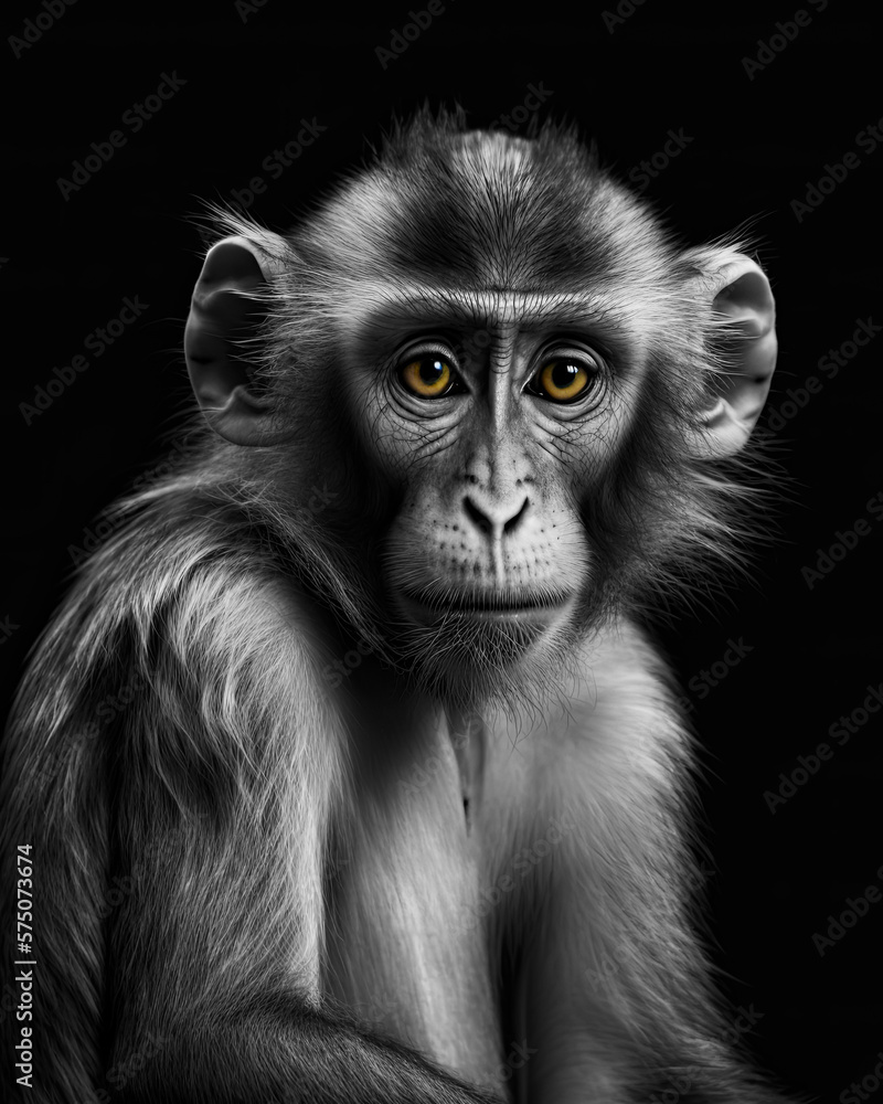 Generated black and white upright portrait of a monkey on a black background with yellow eyes Generated black and white upright portrait of a monkey on a black background with yellow eyes