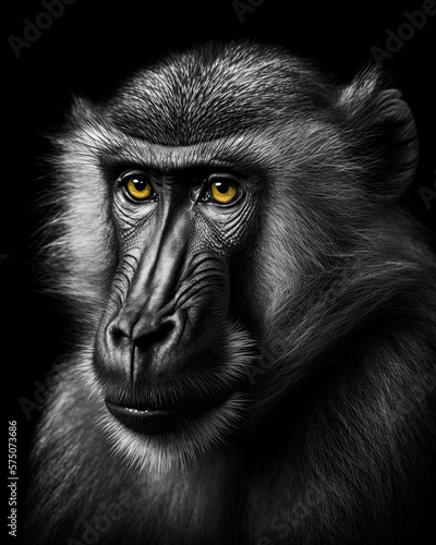 Generated black and white portrait of a baboon on a black background with yellow eyes