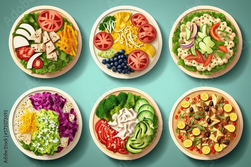 Colorful salads with a variety of greens and toppings. Generative ai