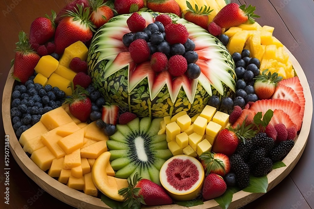 Fresh fruit and vegetable platters. Generative ai Fresh fruit and vegetable platters. Generative ai