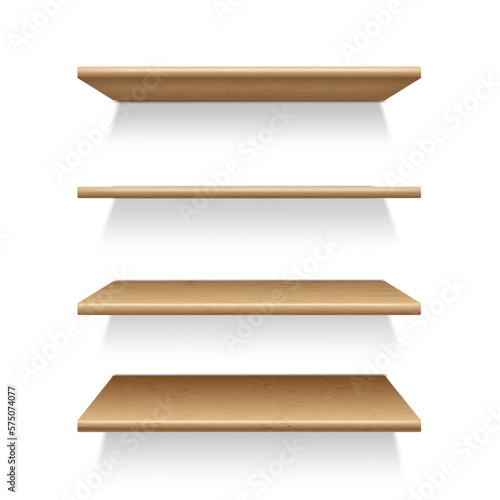  Mock-up of four wooden shelves on the wall, in perspective. Shelving for storage, template for advertising. Isolated on white background vector