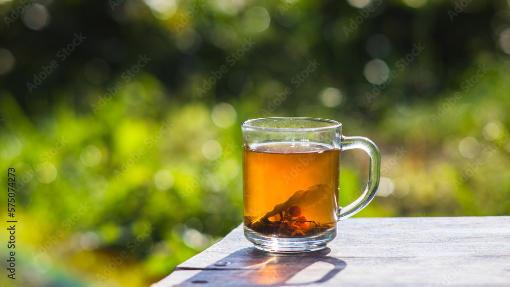 Transparent mug with fresh hot berry black tea and currant. An invigorating drink in the early morning in nature with the rays of the warm sun Transparent mug with fresh hot berry black tea and currant. An invigorating drink in the early morning in nature with the rays of the warm sun