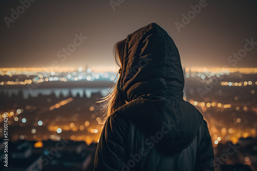 A woman looking towards a distant city at night