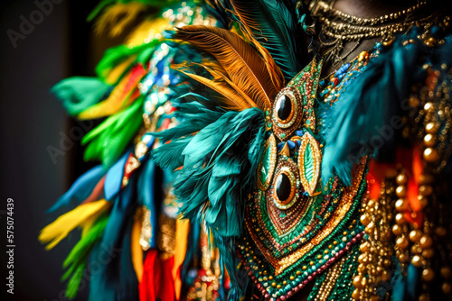A close-up of intricate colorful carnival costume details  showcasing the handmade work of the designer  AI generated illustration