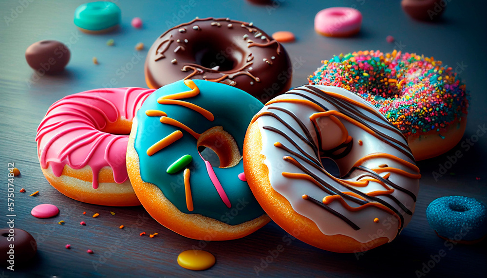 Appetizing donuts lie on the table