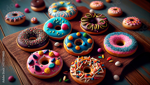 Appetizing donuts lie on the table