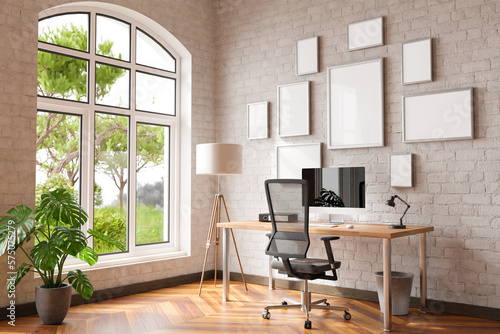 comfortable workplace with pc on wooden desk in office at home; bright sunlight from side large window and wall; canvas copy space; remote work freelance; 3D Illustration