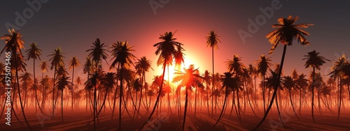 Palm trees at sunset, many silhouettes of palm trees against the background of sunset, 3d rendering