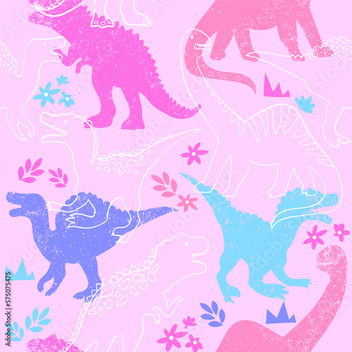 Seamless pattern with cute dinosaur on pink background. Print for little girl