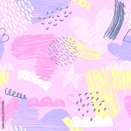 Vector pattern with hearts on violet background. Abstract colorful seamless print for girl