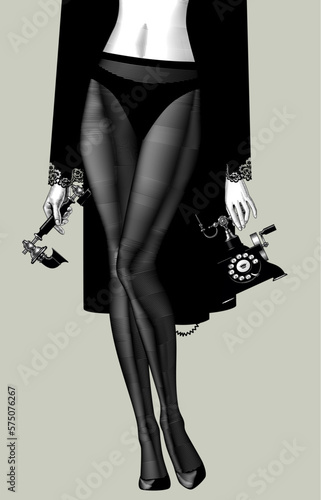 Engraved vintage drawing of legs of standing woman full face in dark tights and hands with a retro phone apparat