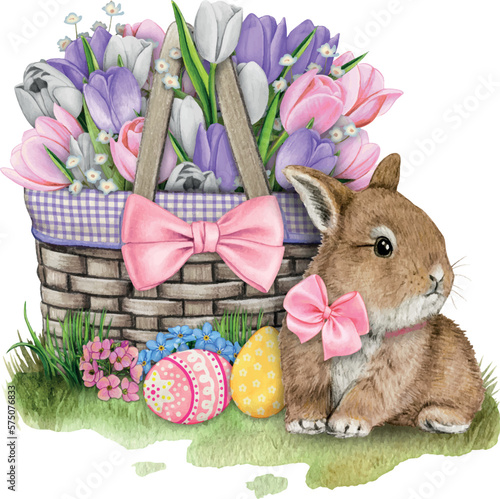 watercolor hand drawn easter bunny with tulip basket